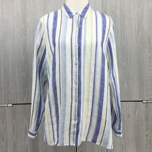 J Jill Love Linen Blue White Yellow Stripe 100% Linen Button Down Long Sleeve 3X
